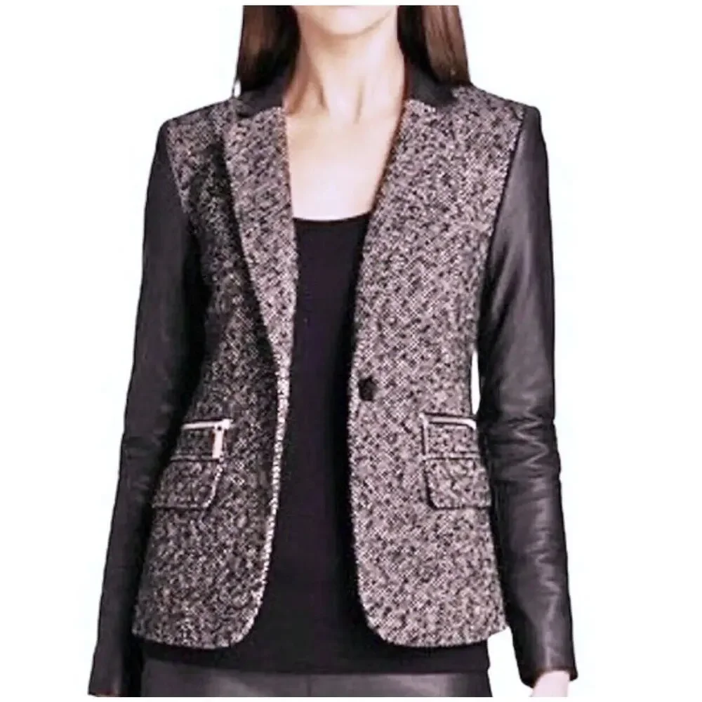 MICHAEL KORS Leather Wool Blend Tweed Sport Coat Jacket Blazer Black Fall Size 4